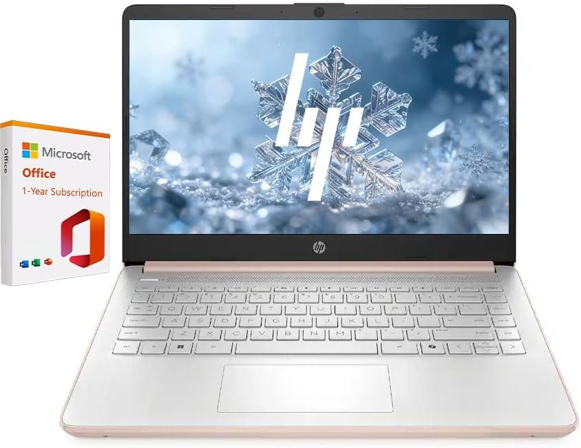 HP 14″ Business & Student Laptop with 1-Year Office 365 & Copilot AIQuad-Core Intel Processor, Windows 11 Home (Rose Gold, 4GB RAM | 640GB Storage)