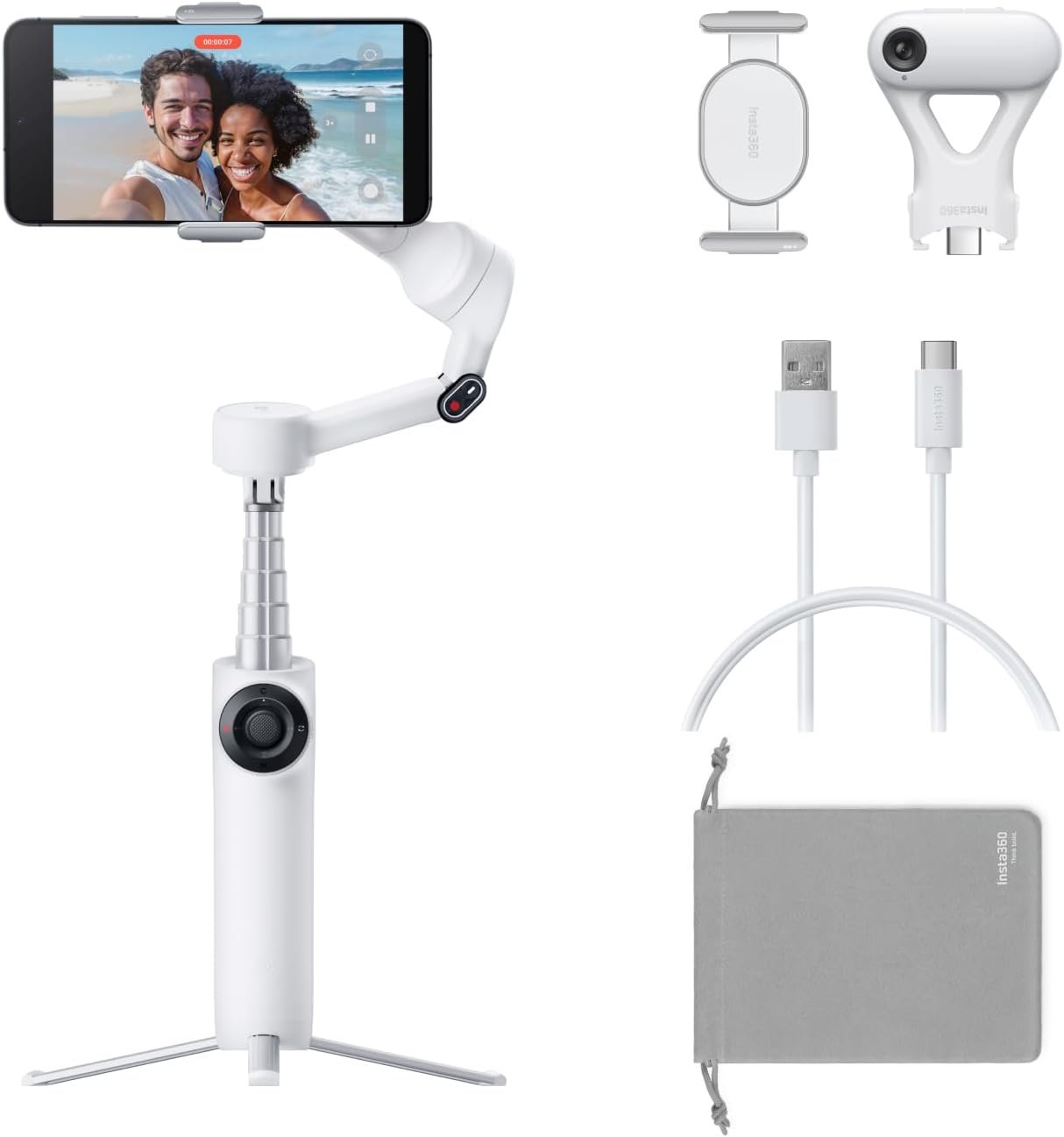 Insta360 Flow 2 Plus AI Tracker Bundle White – Foldable Phone Gimbal, AI Tracking with Any App, Multi-Person Tracking, Built-in Tripod/Selfie Stick, Remote Control, Smartphone Stabilizer, Travel