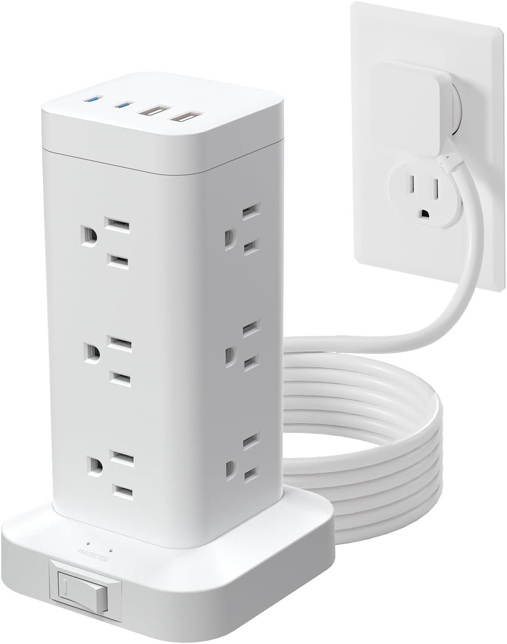 Tower Power Strip with PD 30W Fast-Charging Port, 12 Outlets, 4 USB Ports (2 USB-C), 1800J Surge Protector, Charging Station for Multiple Devices,10FT Extension Cord, White, Home Office Essentials