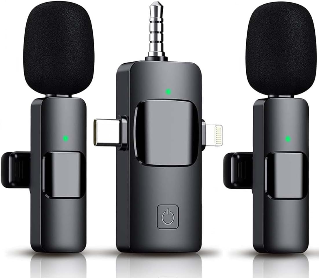 3 in 1 Wireless Lavalier Microphone for iPhone, iPad, Android, Camera,12-Hour Battery, mini Noise Reduction Recording Mic 2.4G Ultra-Low Delay, Microphone for Vlog/ TikTok/YouTube Live Stream( 2 Mic)