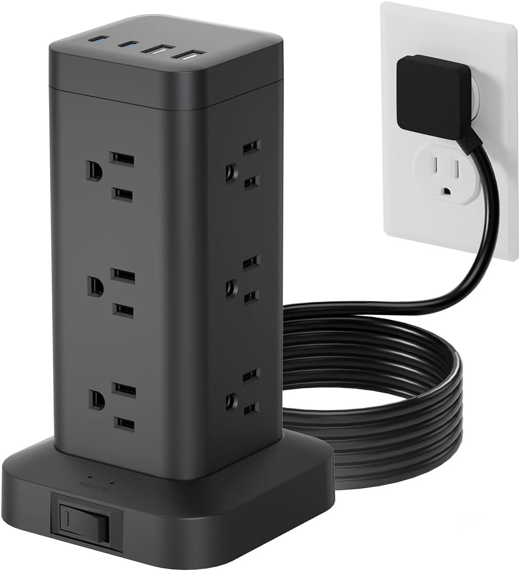 Tower Power Strip with PD 30W Fast-Charging Port, 12 Outlets, 4 USB Ports (2 USB-C), 1800J Surge Protector, Charging Station for Multiple Devices,10FT Extension Cord, Black, Home Office Essentials