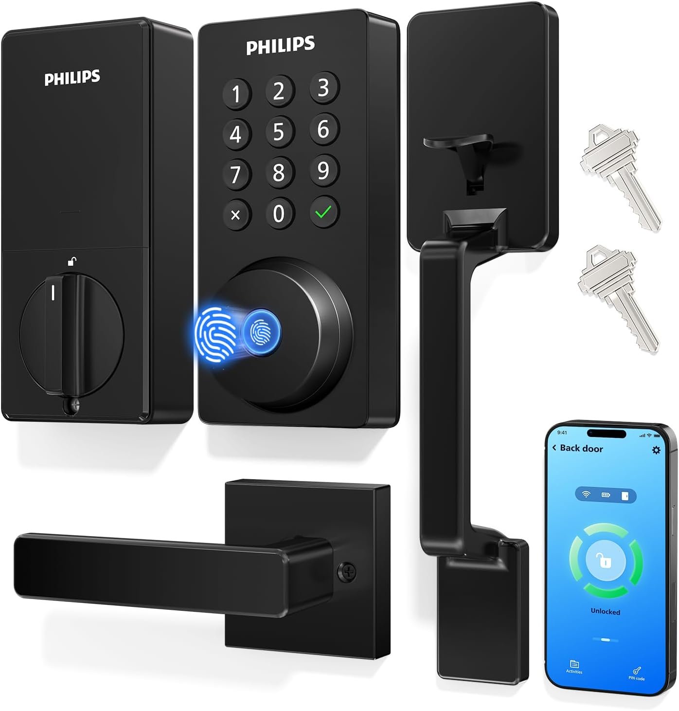 Philips Upgraded Wi-Fi Smart Front Door Lock Set, Fingerprint Keyless Entry Deadbolt, Keypad Lock with Handle, App Remote Control, IP53 Waterproof, Auto Lock, Anti-Peeping Password, Easy Install