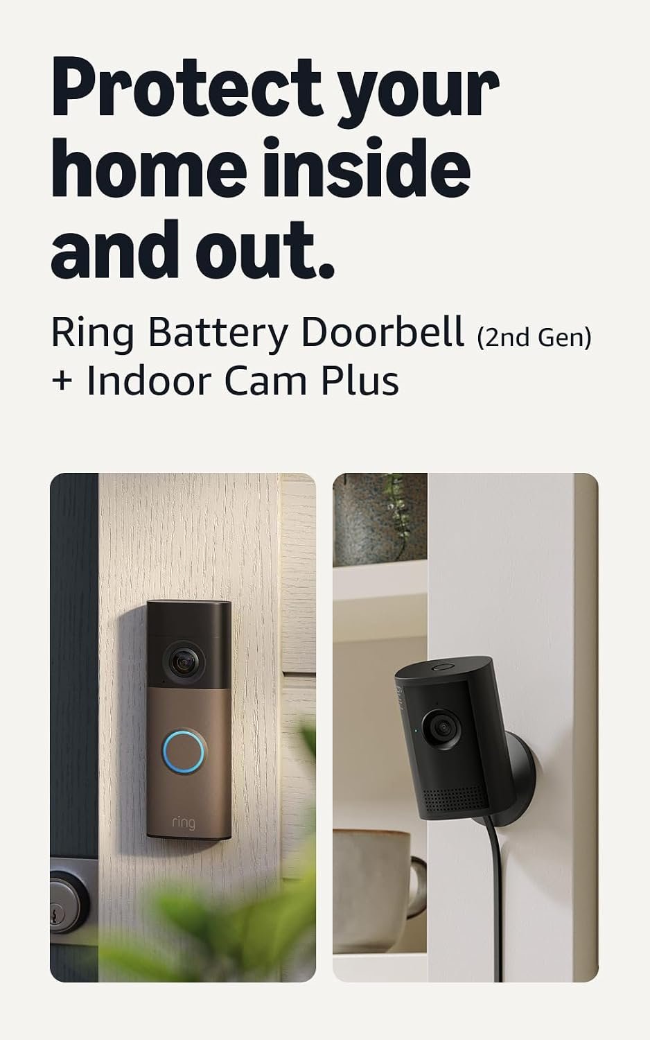 Ring Battery Doorbell (newest model), Matte Mocha with Indoor Cam Plus, Black