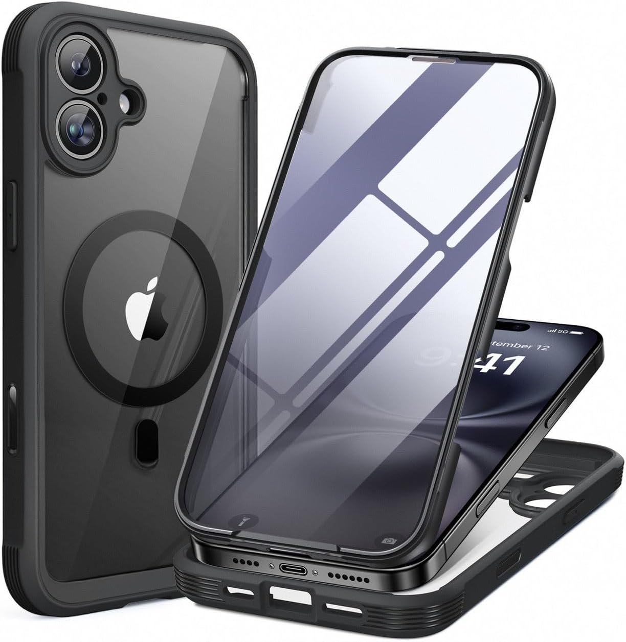Miracase for iPhone 16 Case 6.1”, Full-Body Bumper Phone case with Built-in Full Glass Screen &Camera Control,No Gap,Compatible with MagSafe,Drop Proof 16 Cover,Black