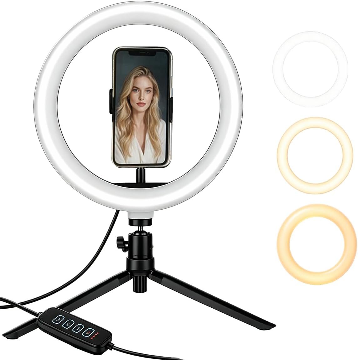 10″ Ring Light with Tripod Stand & Phone Holder 3 Color Modes & 10 Brightness Levels for Photography/Makeup/Live Stream/YouTube