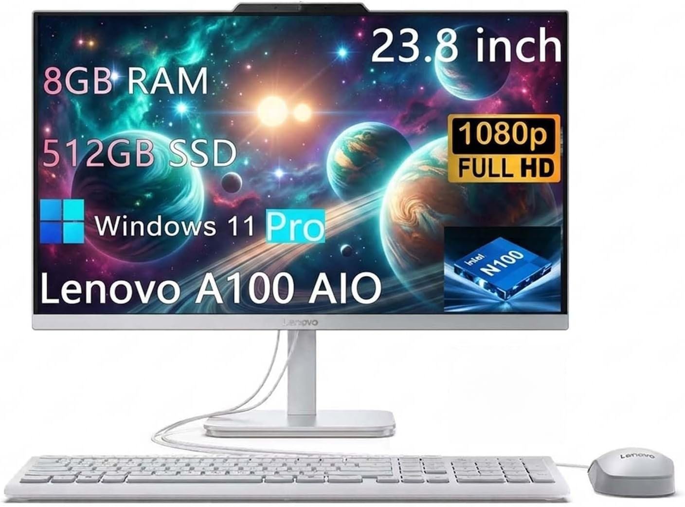 Lenovo All-in-One Desktop Computer, 8 GB RAM, 512 GB SSD, Windows 11 Pro, 23.8 Inch IPS FHD Display, Intel 4-Core Processor, Intel UHD Graphics, Wired Keyboard & Mouse, White