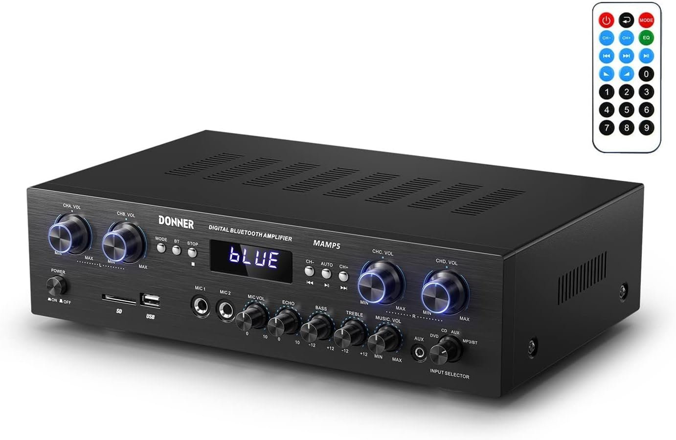 Donner Bluetooth 5.0 Stereo Audio Amplifier Receiver, 4 Channel 440W Peak Power Home Theater Stereo Receiver with USB, SD, FM, 2 Mic in Echo, RCA, LED, Speaker Selector for Studio, Home – MAMP5