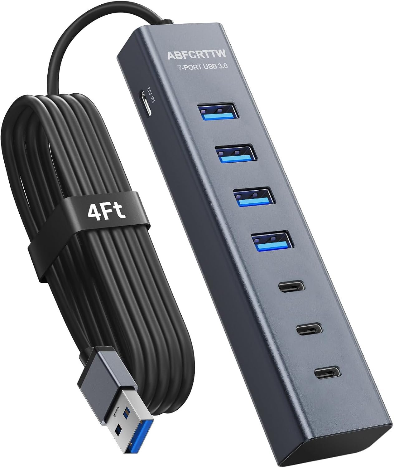 4FT 7-Port USB Hub 3.0 for Desktop, Aluminium USB Extender Hub
