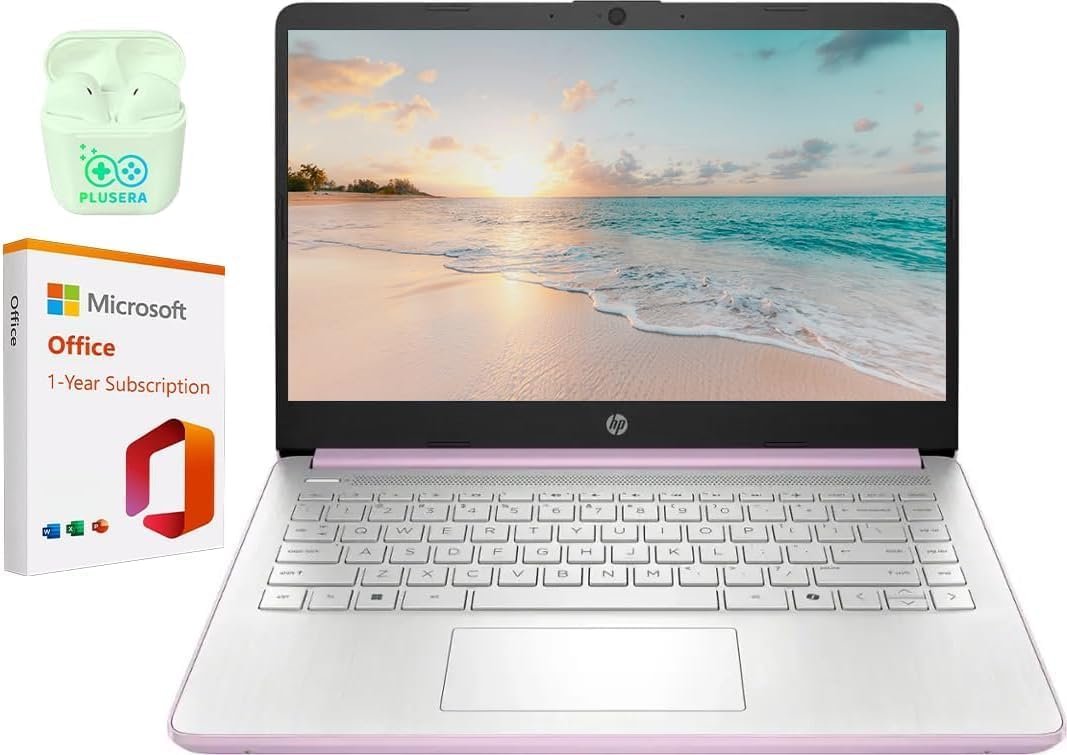 HP 14″ Business Laptop Computer with 1-Year Office 365, Intel Quad-Core N150 Processor, 4GB RAM 128GB UFS, Windows 11 Home, PLUSERA Earphones, Honey Lavender