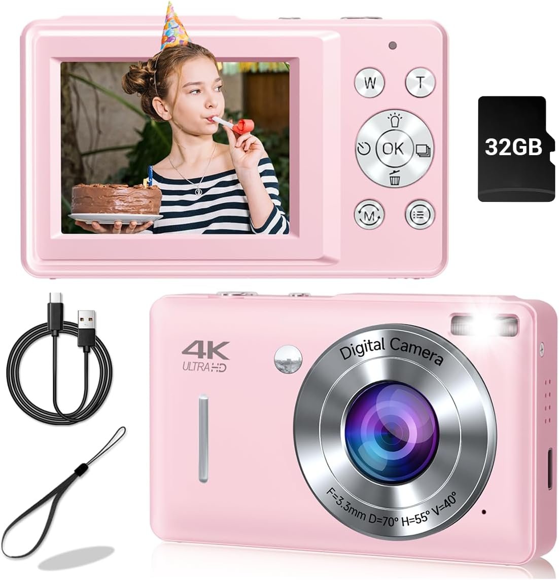 Digital Camera, 44MP Compact Camera, FHD 1080P Point and Shoot Digital Cameras with 16X Zoom, Face Detect, Smile Capture, Anti Shake, for Boys Girls Teens Gifts (Pink)