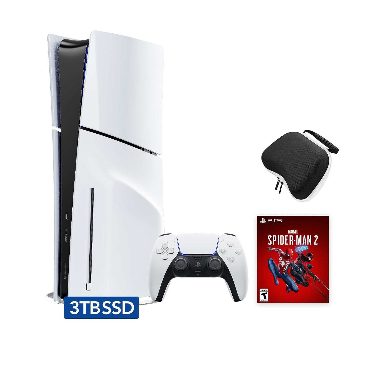 Sony PlayStation 5 Slim Upgraded 3TB Disc Edition Spider-Man 2 Bundle – White, Slim PS5 Upgraded 3TB Ultra Fast SSD Gaming Console Bundle with Wireless Controller and C-Gamers Controller Storage Case