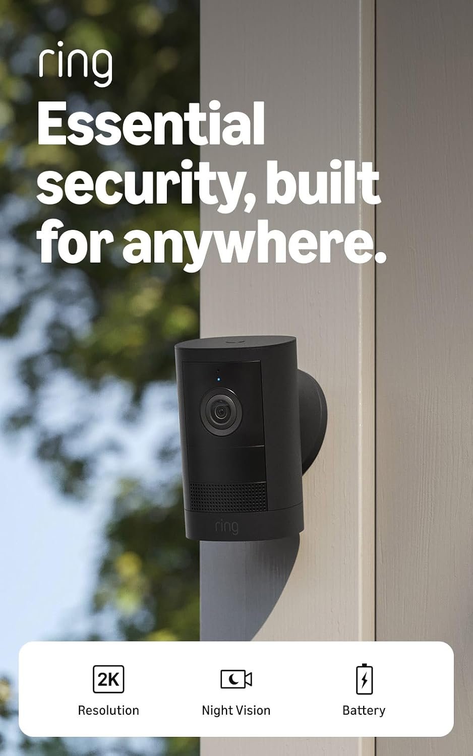 Ring Outdoor Cam 2K (newest model), Battery, Home or business security, Wide-Angle Retinal 2K Video, 6x Enhanced Zoom, Night Vision, Black
