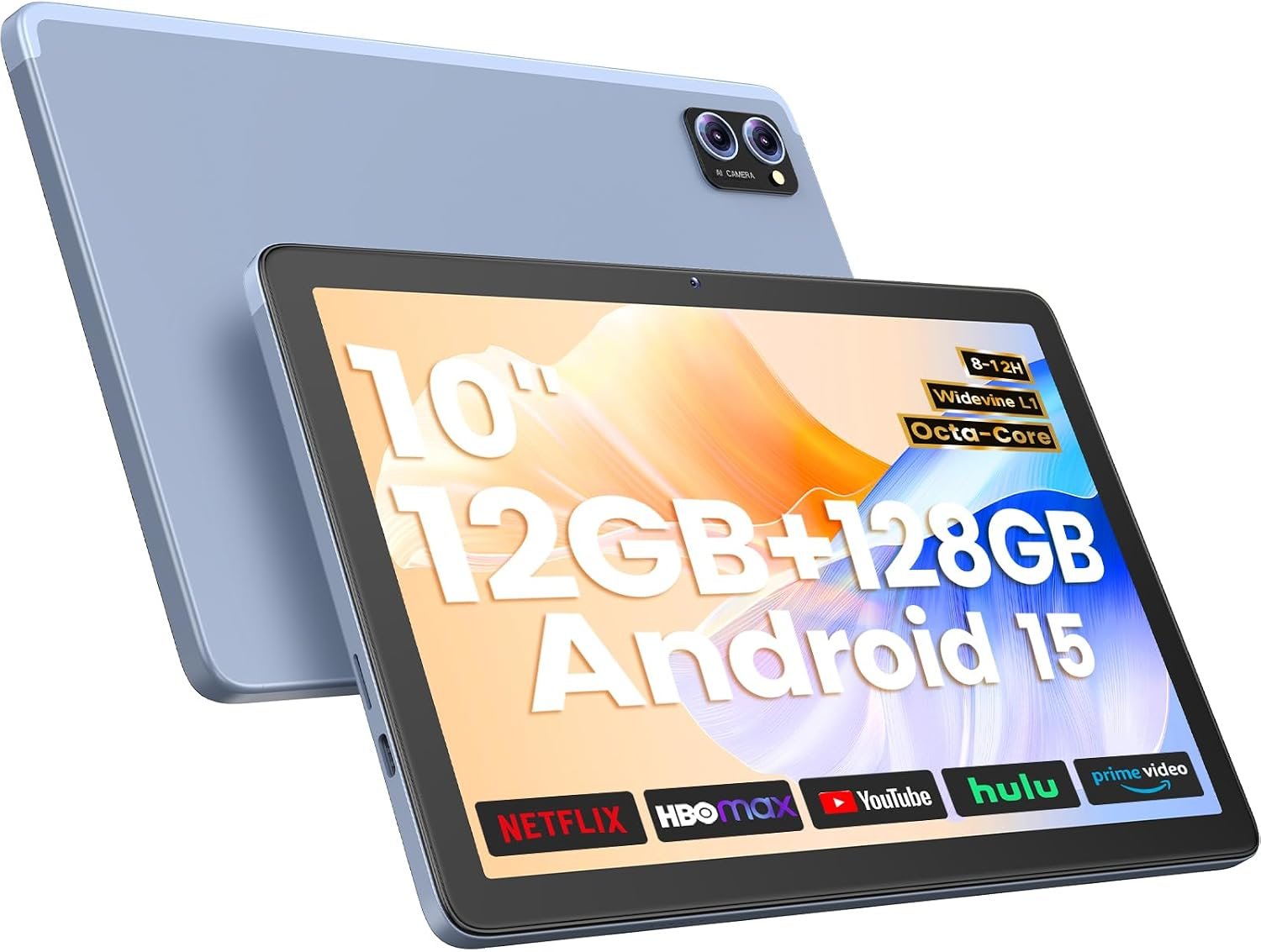 Android 15 Tablet 10 Inch, 12GB+128GB, Octa-Core, 2TB Expandable Gray Blue