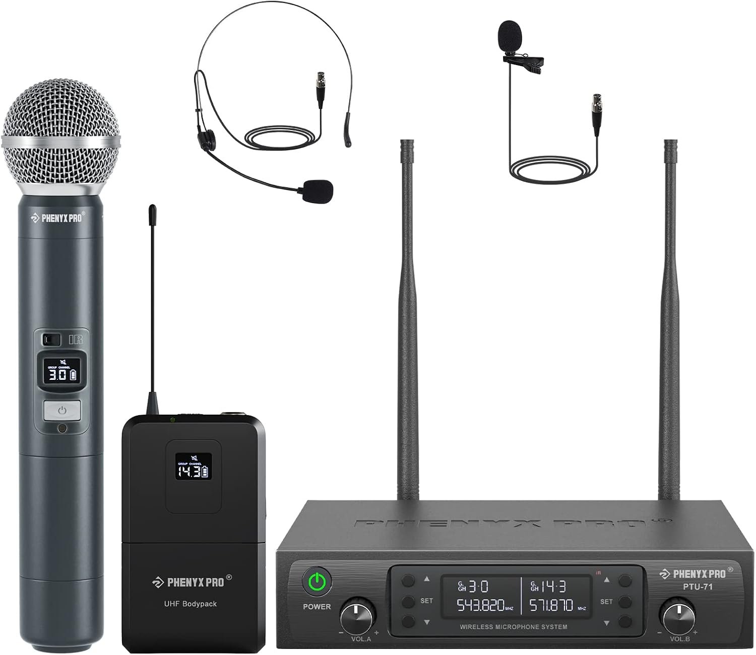 Phenyx Pro Dual UHF Auto Scan Wireless Microphone System PTU-71-1H1B