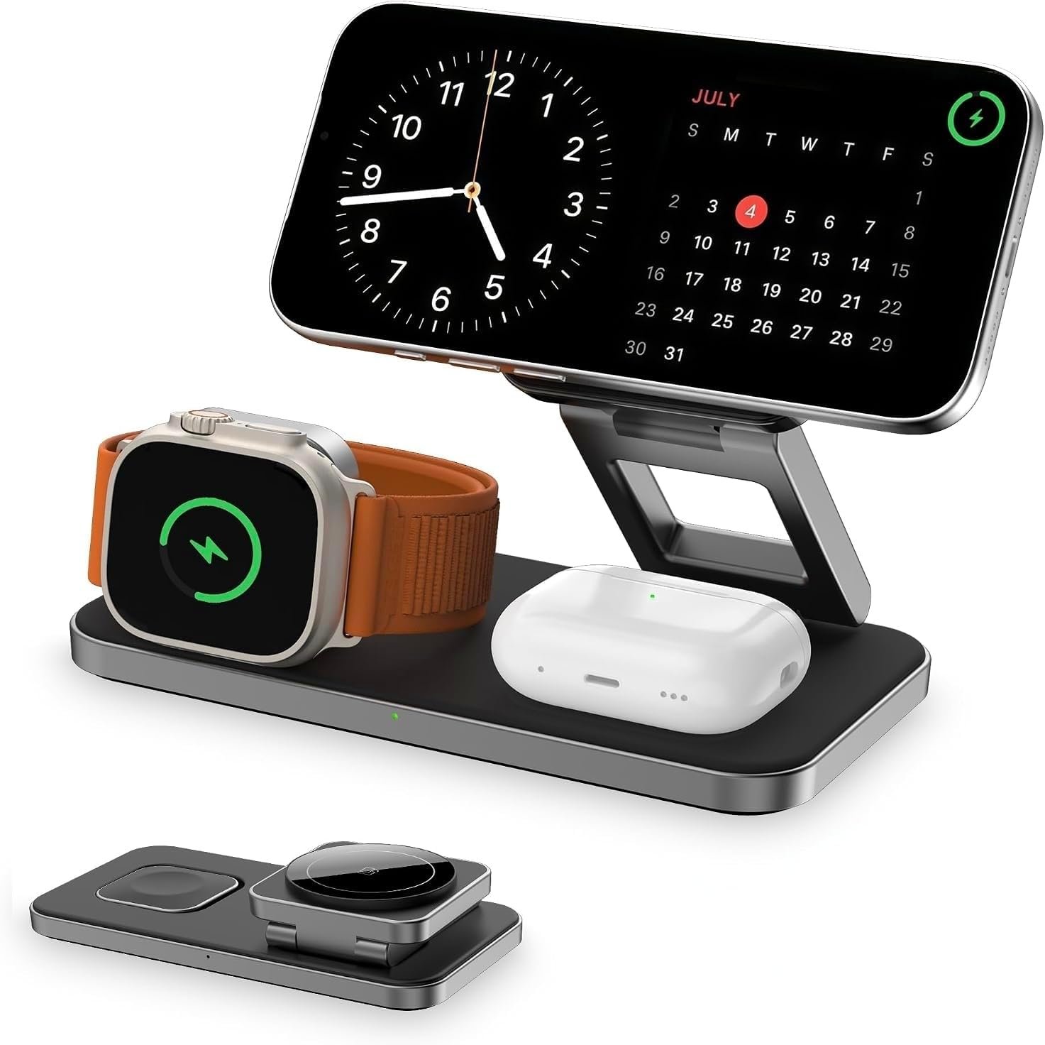 3 in 1 Magnetic Wireless Charger for Multiple Devices, Fast Foldable Travel Mag-Safe Charger Stand for iPhone 17 16 15 14 13 12, Wireless Charging Station for iWatch Series, for AirPods Black