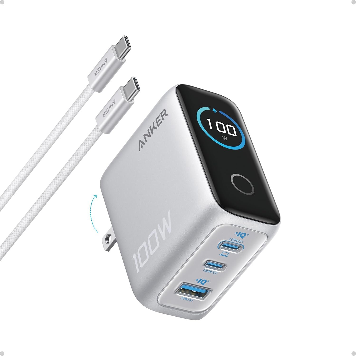 Anker 100W Max USB C Charger, 3-Port GaN Phone Charger with Smart Display