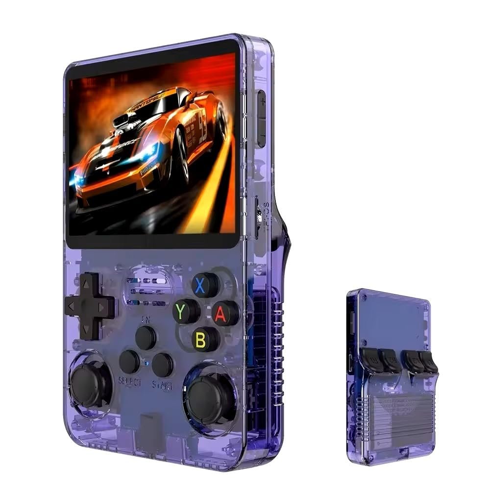 Handheld Retro Game Console with 21,000+ Games, 3.5″ IPS Screen, and Dual TF Card 128 GB System, supports 20+ emulators and features HDMI and TV output, 3500mAh battery for long-lasting fun. (Purple)