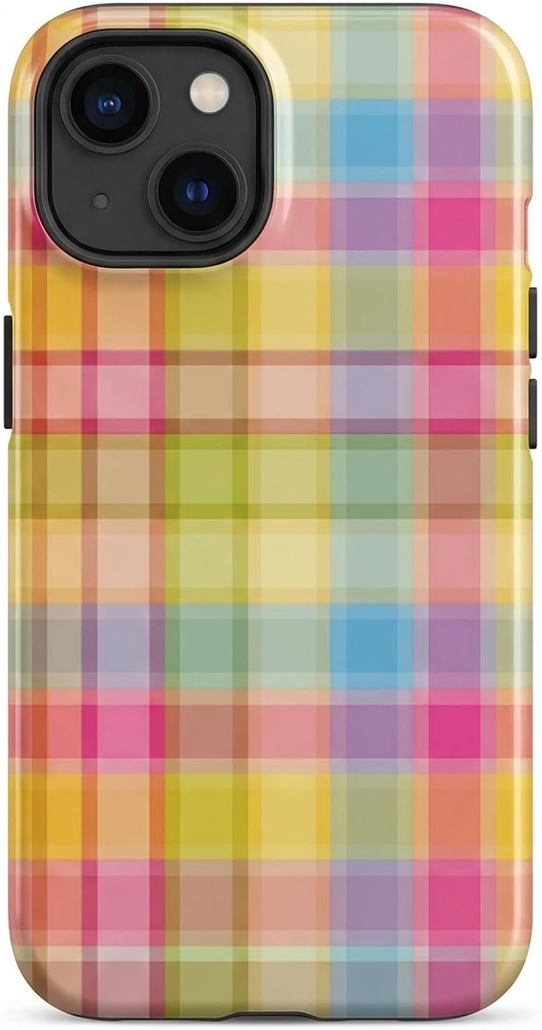 Compatible with iPhone 15 Case Stylish Colorful Plaid Pattern Retro Square Phone Case Shockproof Double-Layer Drop-Resistant Protection (Colorful Grid, iPhone 15)