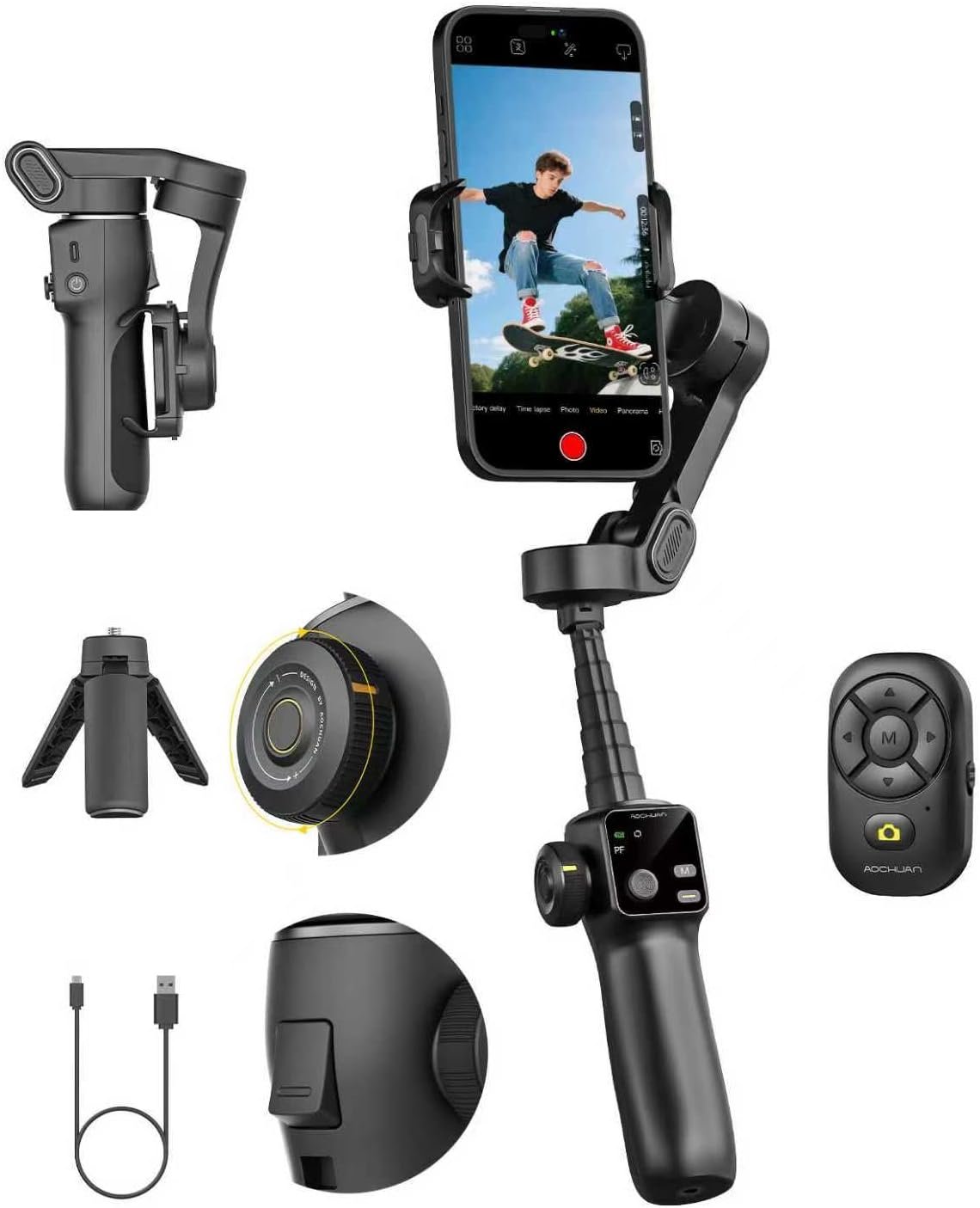 AOCHUAN Gimbal Stabilizer for iPhone w/Bluetooth Remote, 3-axis Phone Stabilizer w/7.8” Extension Rod, AI Face Tracking Smartphone Gimbal, Gesture Control for Video Shooting – Smart V8 Kit Black