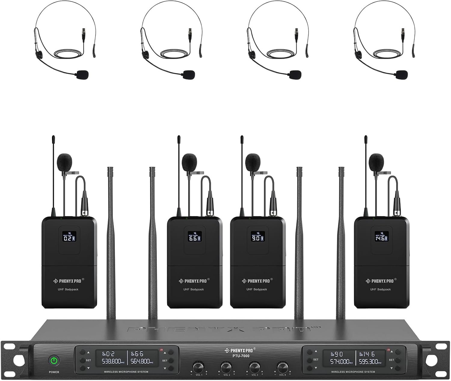 Phenyx Pro 4-Channel UHF Auto Scan Wireless Microphone System PTU-7000-4B