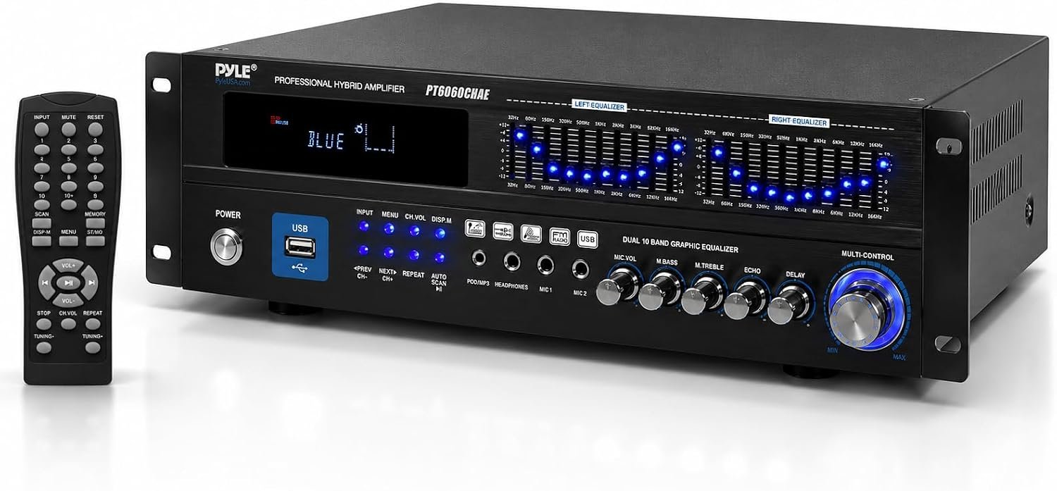 Pyle Bluetooth Hybrid Home Amplifier – 6-Channel 2000W Rack Mount Power Amplifier Receiver w/ Radio – Dual 10 Band EQ, Karaoke Microphone x2, USB, RCA, COAX, OPT, DVD Inputs, HiDef Input and Output