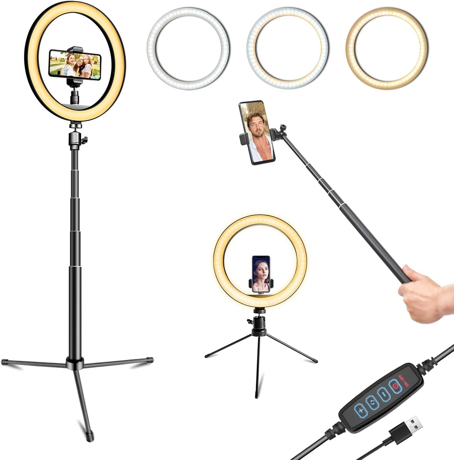 10″ Selfie Ring Light with 10″ Stand and 60″ Selfie Stick, 3 Color Light Adjustment Suitable for Phones and Cameras, Makeup/Live Streaming/Taking Photos