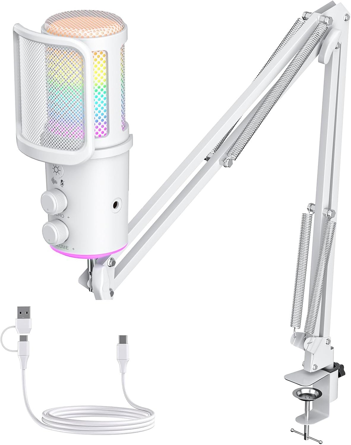 Gaming USB Microphone, Noise Cancellation Condenser Mic with Mute,Boom Arm Mic-Reverb Adjustment, Monitoring for Streaming, Podcasting, Discord, YouTube,PC, Computer, PS4, PS5, Mac-White