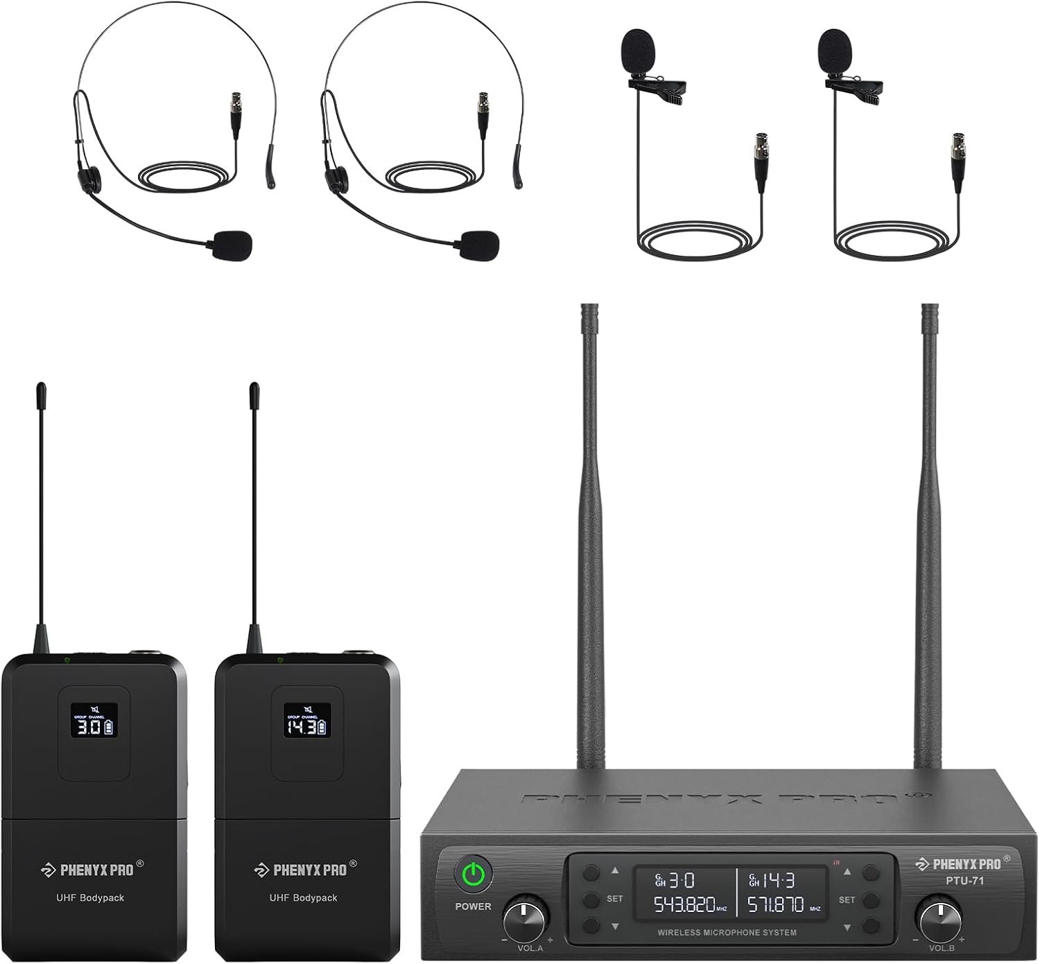 Phenyx Pro Dual UHF Auto Scan Headset/Lapel Wireless Microphones PTU-71-2B