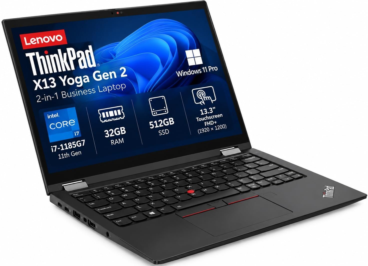Lenovo ThinkPad X13 Yoga Gen 2 2-in-1 Business Laptop (13.3″ Touchscreen, Intel Core i7-1185G7, 32GB RAM, 512GB SSD), Backlit Keyboard, Fingerprint, Windows 11 Pro, Black (Renewed)