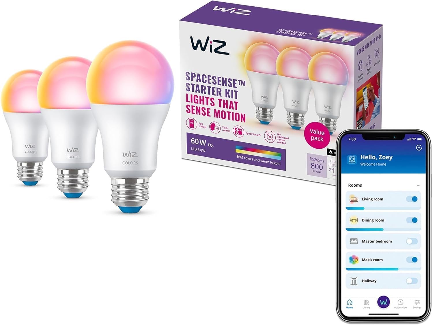 WiZ LED Smart Light Bulbs, Sunset to Sunrise Automation + Motion Detection + Control with Voice or App, Full Color A19 60W 800LM E26 Indoor, Matter Compatible – 3 Pack