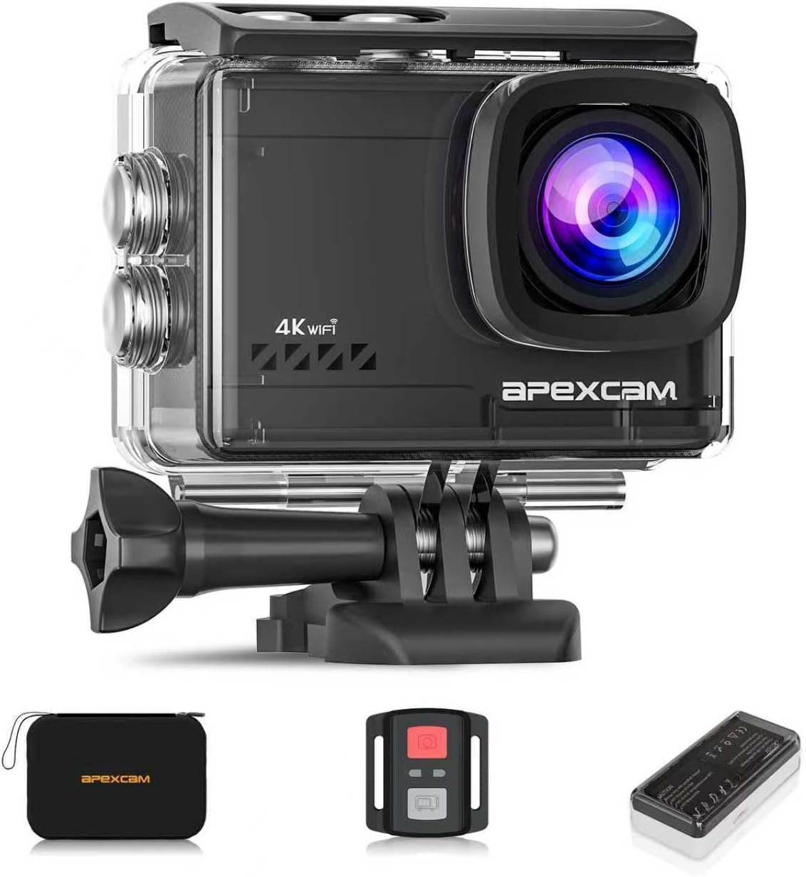 Apexcam M80 AIR 4K 60FPS 64MP EIS WiFi Action Camera Waterproof Underwater Camera 40M Sport Camera 2.0’LCD 2.4G Remote Control 2X1350mAh Batteries and Multiple accessorie