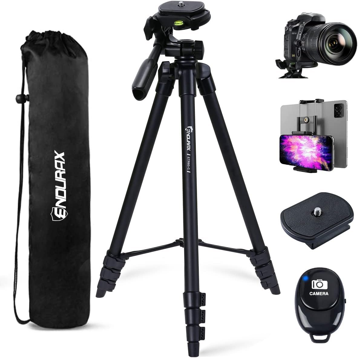 Endurax 60” Camera Tripod Camera Stand for Canon Rebel Eos Nikon DSLR, Travel Tripods for Phone Tablet with Remote Black