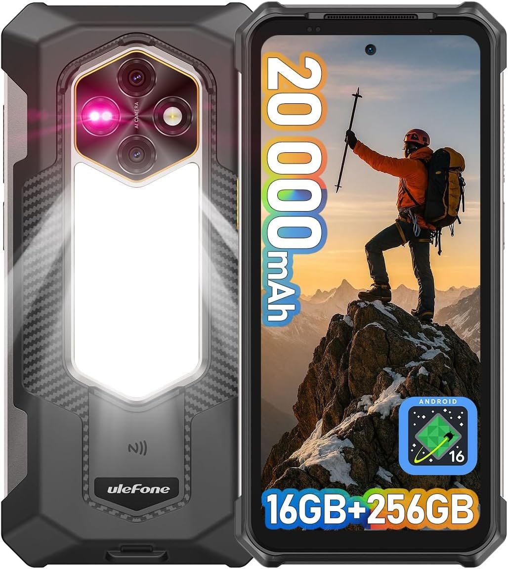 Ulefone RugKing 5 Pro Rugged Smartphone Android 16, 20000mAh(33W), 16GB(8+8)+256GB, 64MP+20MP Night Vision, 6.78″ FHD+ Corning Gorilla Glass, IP69K Waterproof Phone, Versatile LED Light, Widevine L1