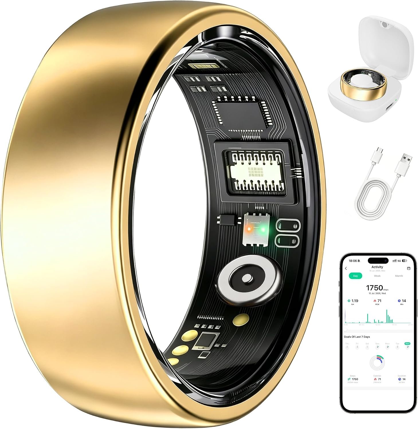 Smart Ring Health Tracker for Women & Men, Stress & Sleep Monitor, Heart Rate & Step Tracker, No Subscription Required, iOS/Android Compatible (Gold, 6)