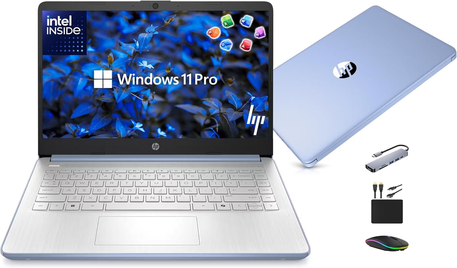 HP 14” Laptop Ultra-Portable Computer 2026 Student Business, MS Office, Copilot AI, Intel 4-Core CPU, 4GB RAM, 628GB Storage (128GB UFS+500GB Ext), Long Battery, MaxsolAccessory, Win 11 Pro, Sky Blue