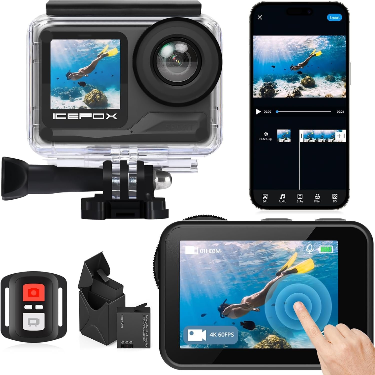icefox 4K 60FPS Action Camera 20MP, 98FT Underwater 5X Zoom EIS WiFi