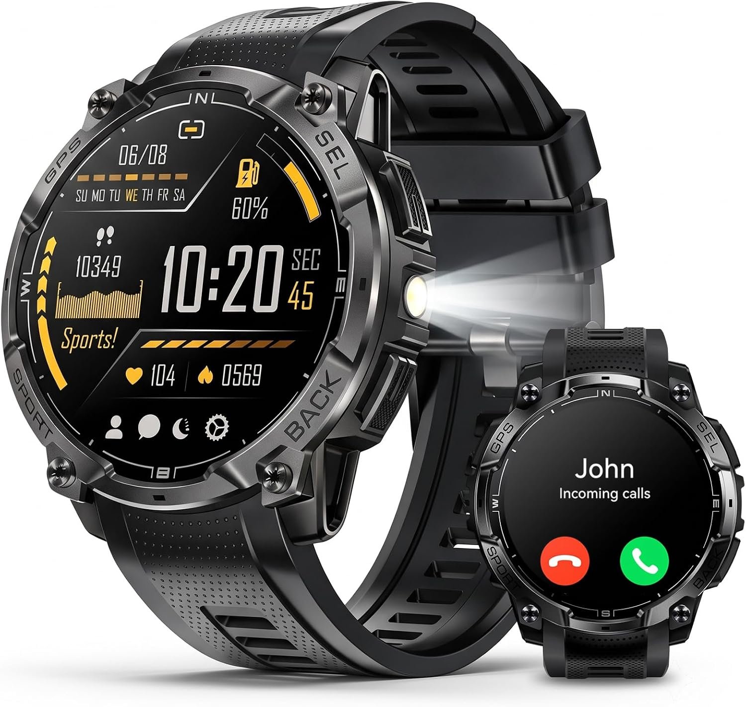Military Smart Watch for Men, Built-in GPS, Bluetooth Call, 3ATM Waterproof