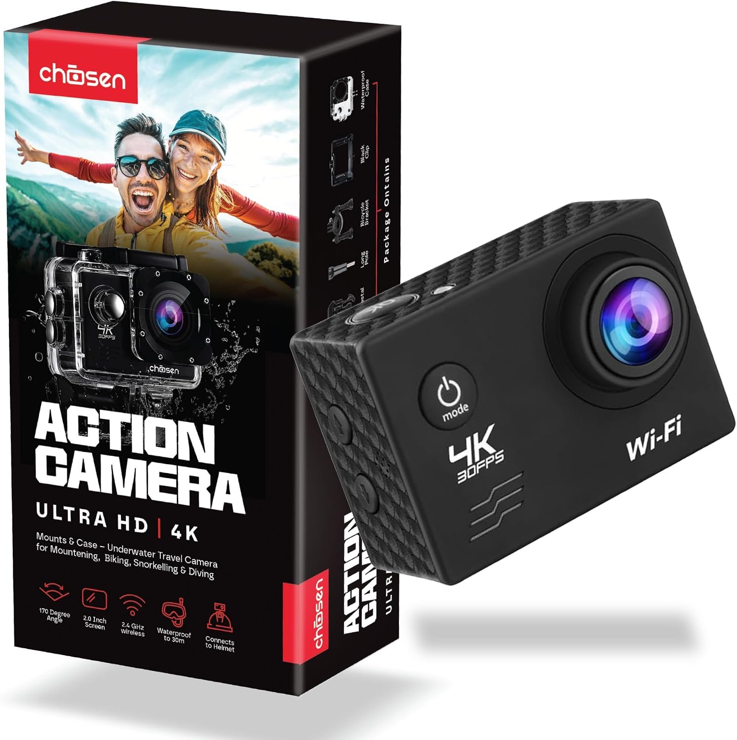 CHOSEN 4K Action Camera – Ultra HD 20MP Underwater Sports Vlog Cam with Wi-Fi, 2.0″ LCD, 170° Wide Angle, Video Stabilization & 30m Waterproof Housing, All-in-One Adventure Accessory Bundle