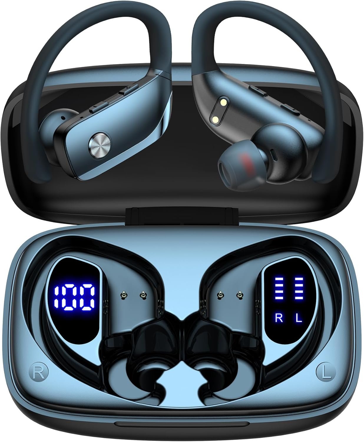 bmani Ear Buds Wireless Earbuds Bluetooth Headphones with 80H Playtime LED Display Case, Over-Ear Hook with Mic, Stereo Sound, Easy Button Controls, Sports Earphones for Running Workout Gym Black