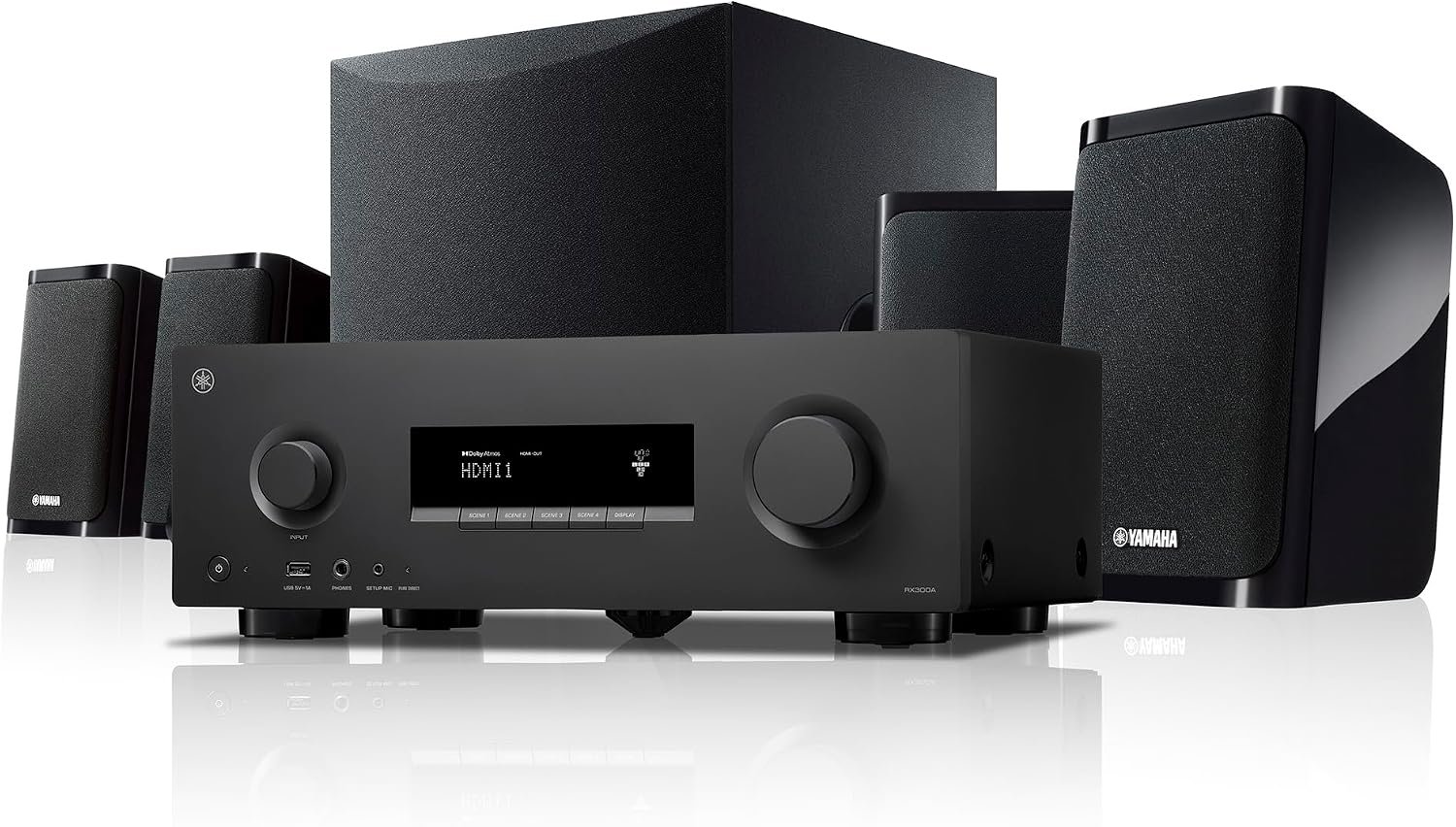 Yamaha YHT-4970U 5.1-Channel Home Theater System – Dolby Atmos 4K120 8K AV Receiver, 5 Speakers and Powered Subwoofer – HDMI eARC, Bluetooth Wireless Streaming
