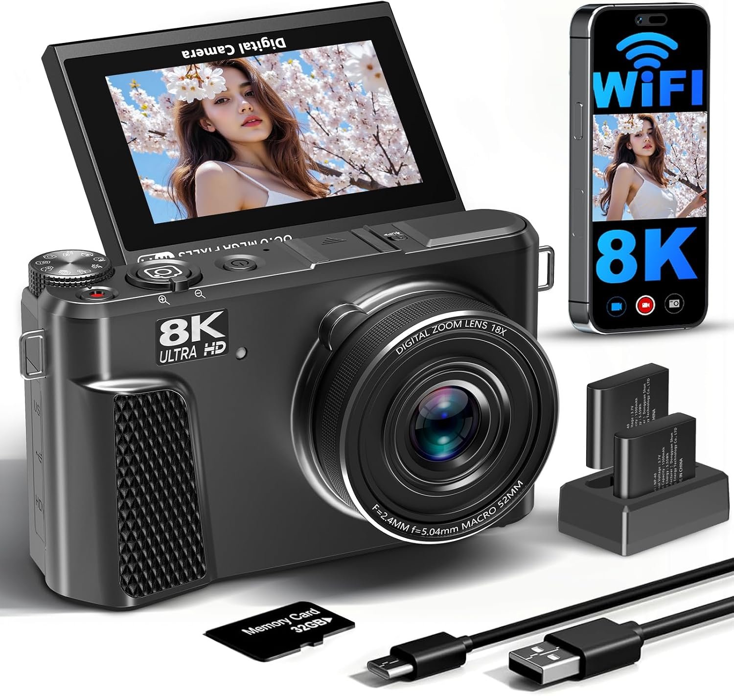 8K Digital Camera for Photography,88MP HD WiFi Vlogging Camera for YouTube