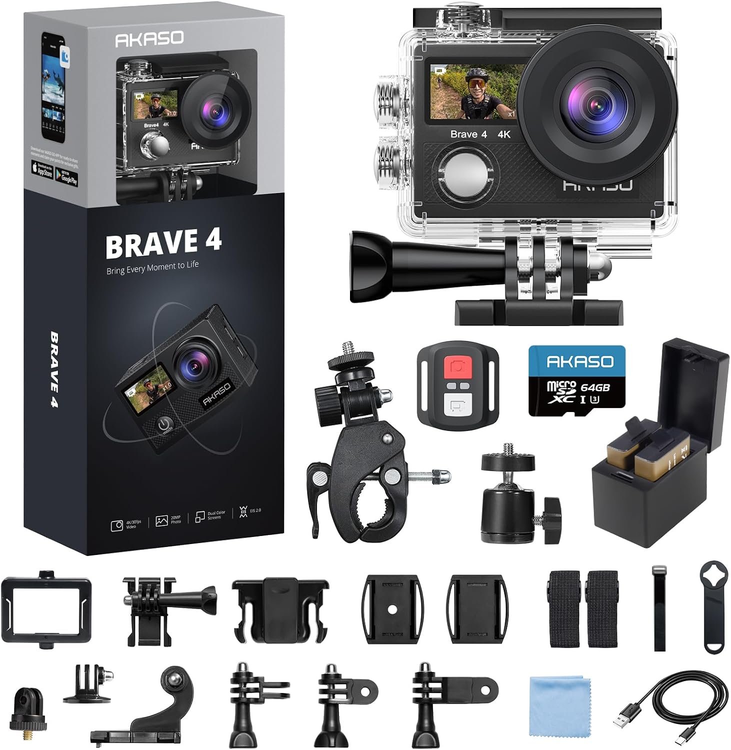 AKASO Brave 4 4K30fps 20MP WiFi Action Camera with 64GB MicroSD Card Bundle