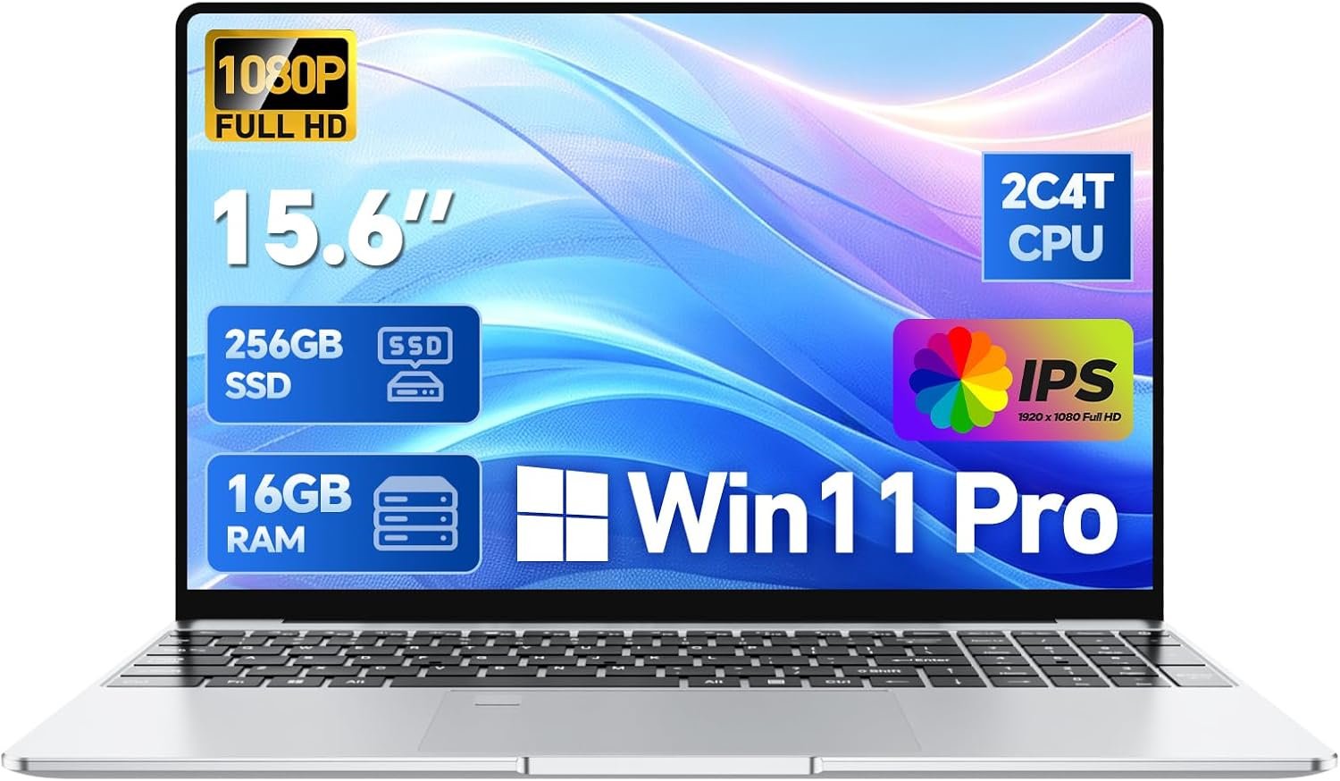 15.6″ Laptop, Win 11 Pro 16GB RAM Computer, Pentium 2C4T 2.10GHz Base Speed