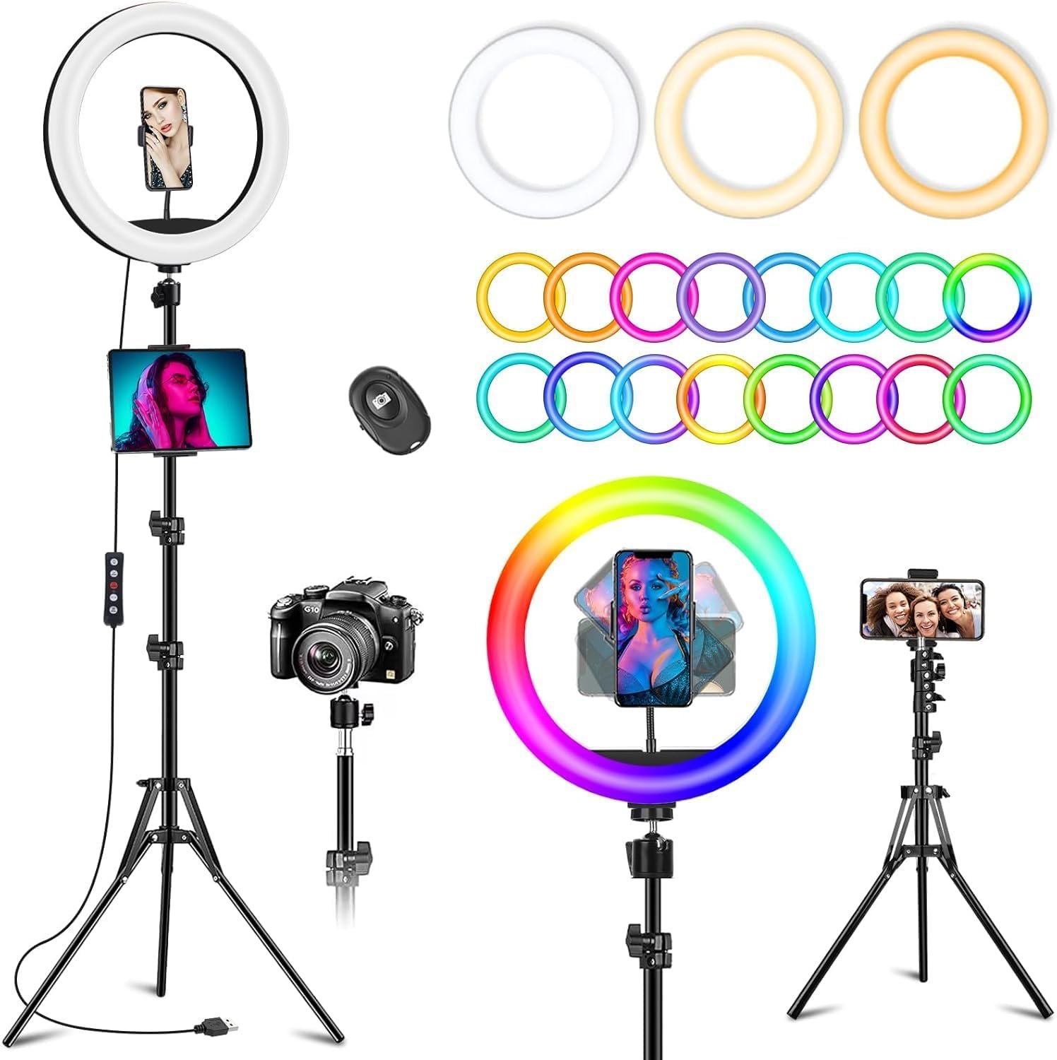 10.3″ Selfie Ring Light with 73″ Tripod Stand Phone iPad Holder-96 RGB Mode