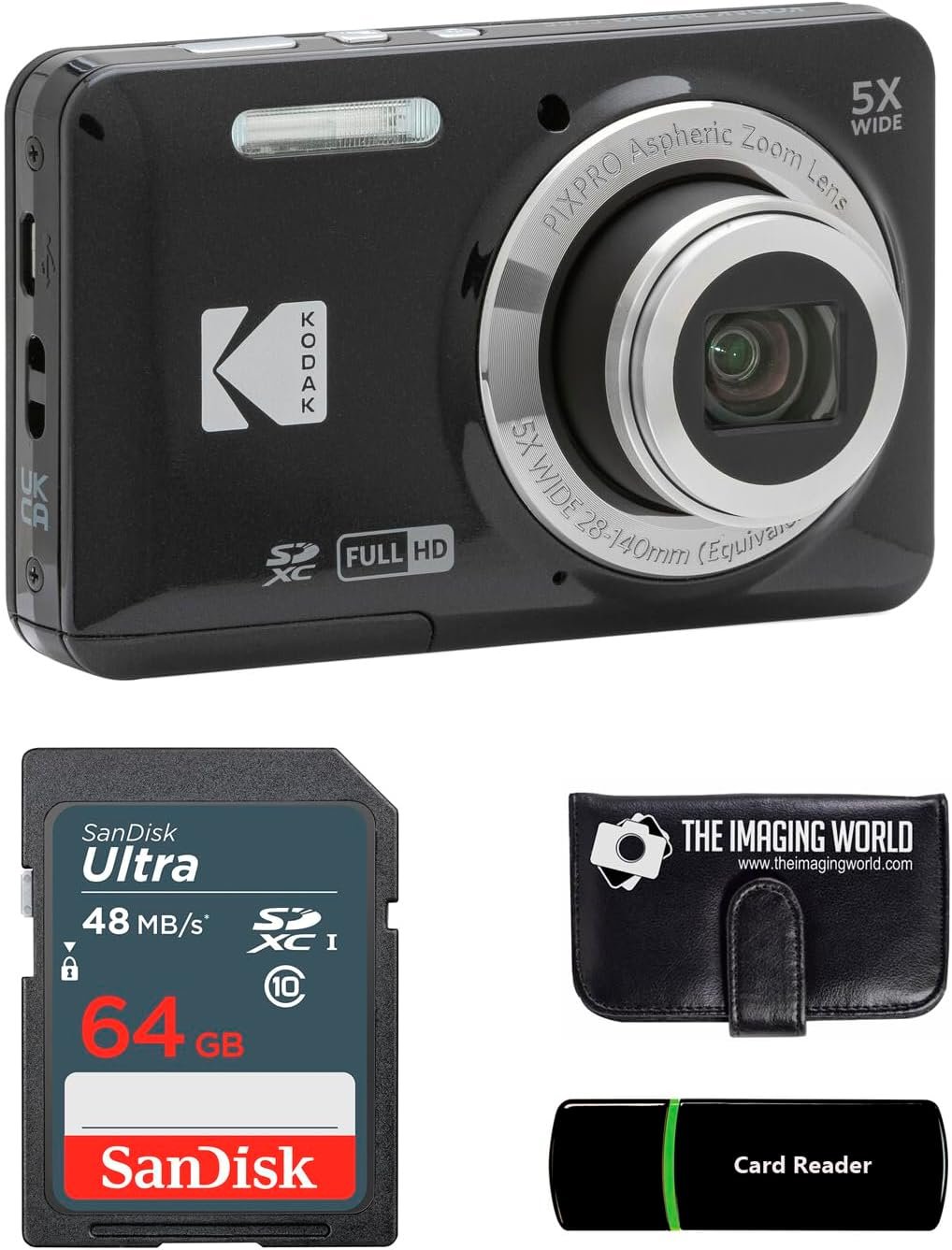 Kodak PIXPRO FZ55 Black 16MP Digital Camera 5X Optical Zoom 28mm Wide Angle 1080P Full HD Video 2.7″ LCD Camera + 64GB Card and Reader + Memory Wallet