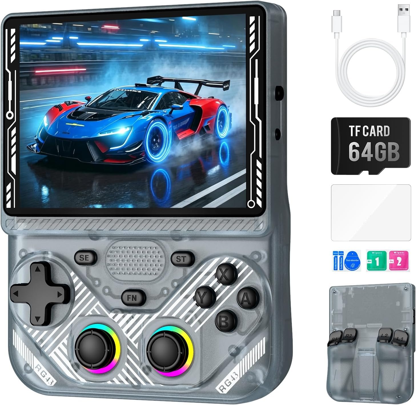 RG43V Pro Retro Handheld Game Console,4.3 Inch IPS Screen,Portable Dual System Support 22000+ Classic Games,Retro Gaming Console with RK3562 Chip,HDMI TV Output,4000mAh Battery(Transparent)