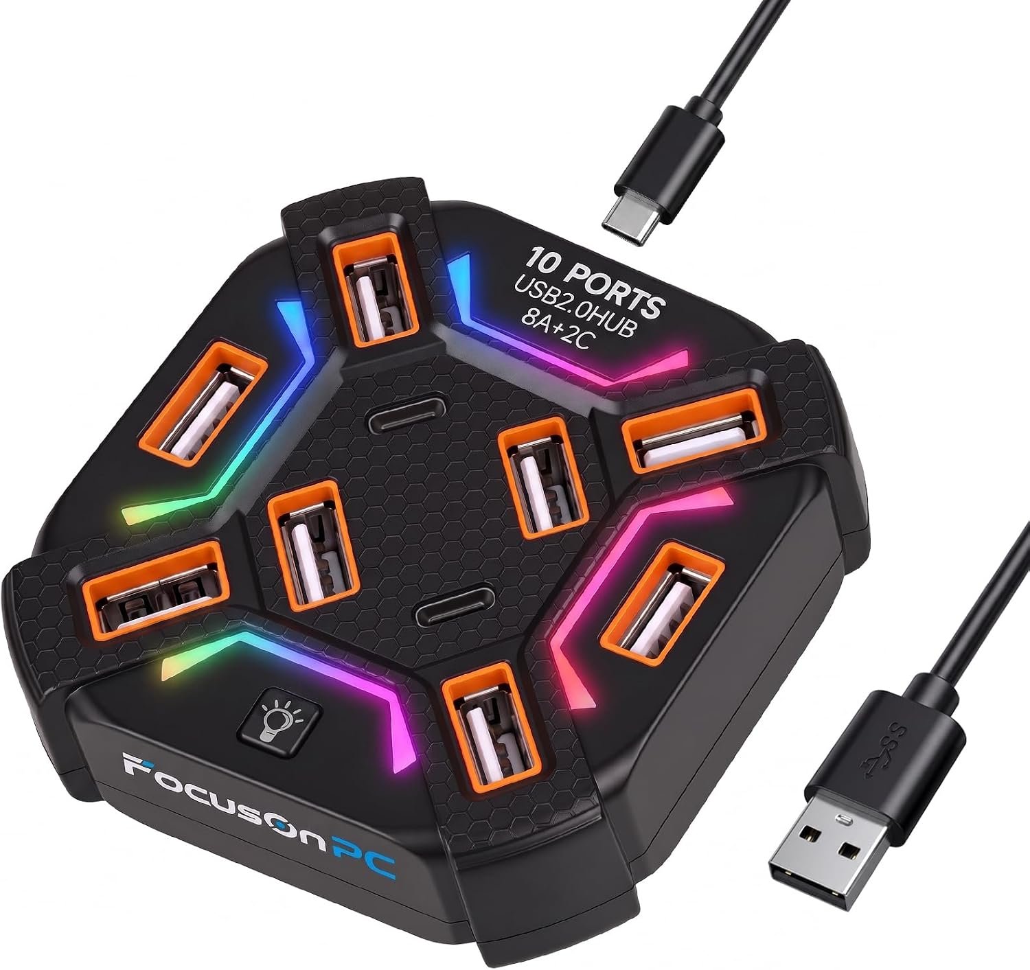 USB 2.0 Hub 10-Port Multi-Port USB Adapter for Laptop/PC with RGB Light