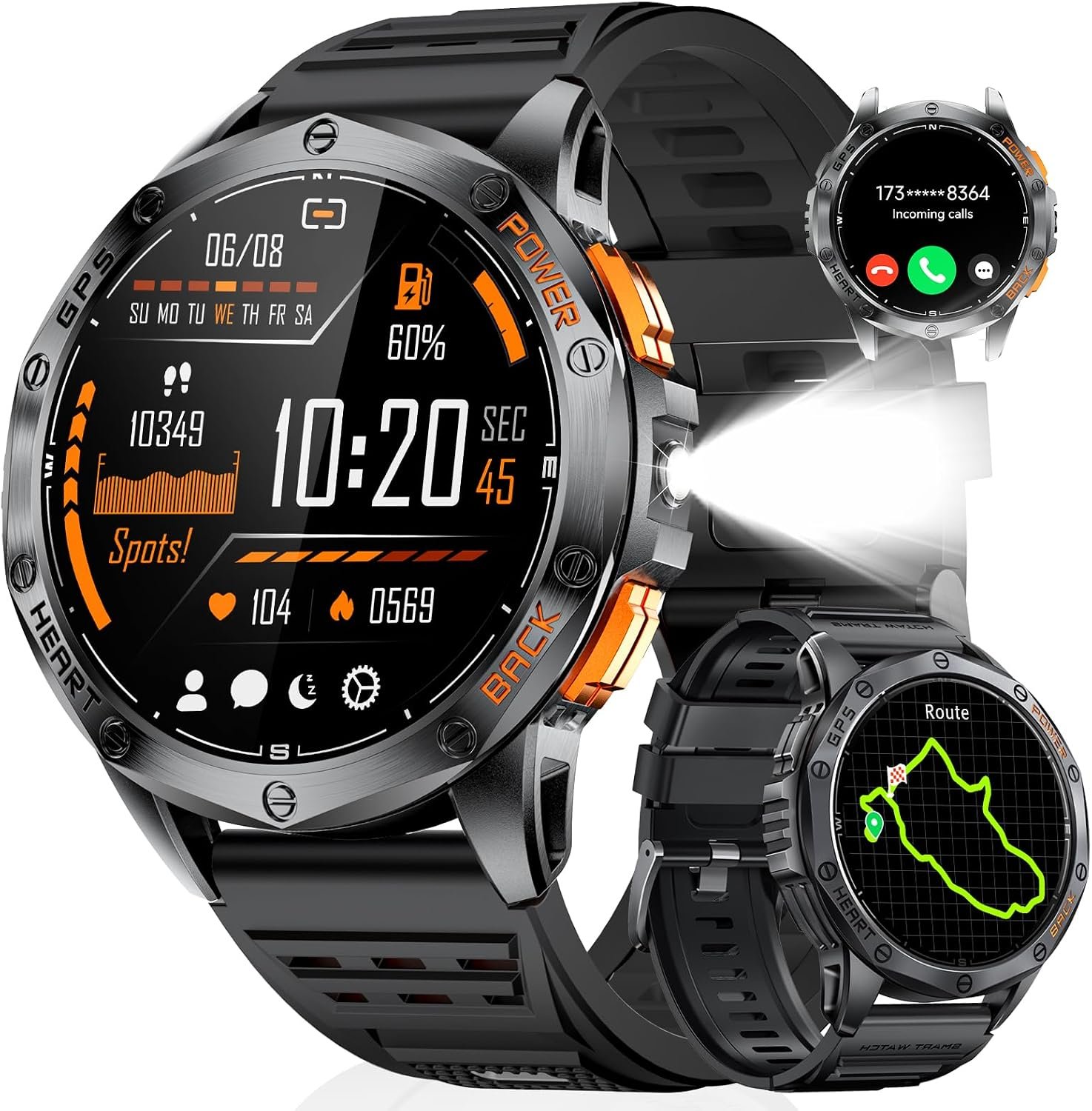 LIGE GPS Smart Watch for Men, 1.43” AMOLED Always on Display, LED Flashlight/Compass/45 Days Battery/IP68 Waterproof Smartwatch, 100+ Sport Mode, Rugged Smart Watches for Android iOS