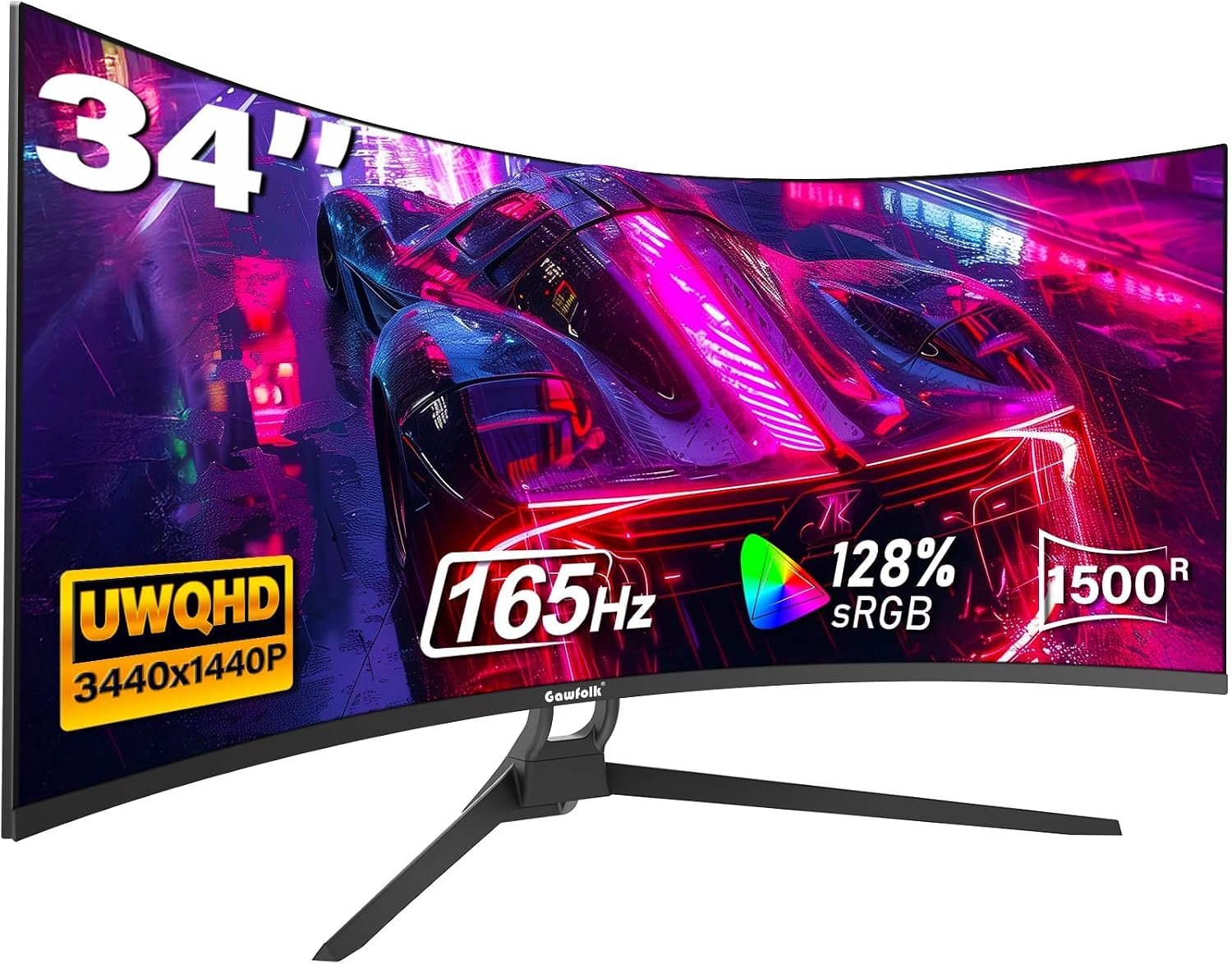 Gawfolk 34″ Ultrawide Curved Gaming Monitor, UWQHD 3440×1440 165Hz 1500R