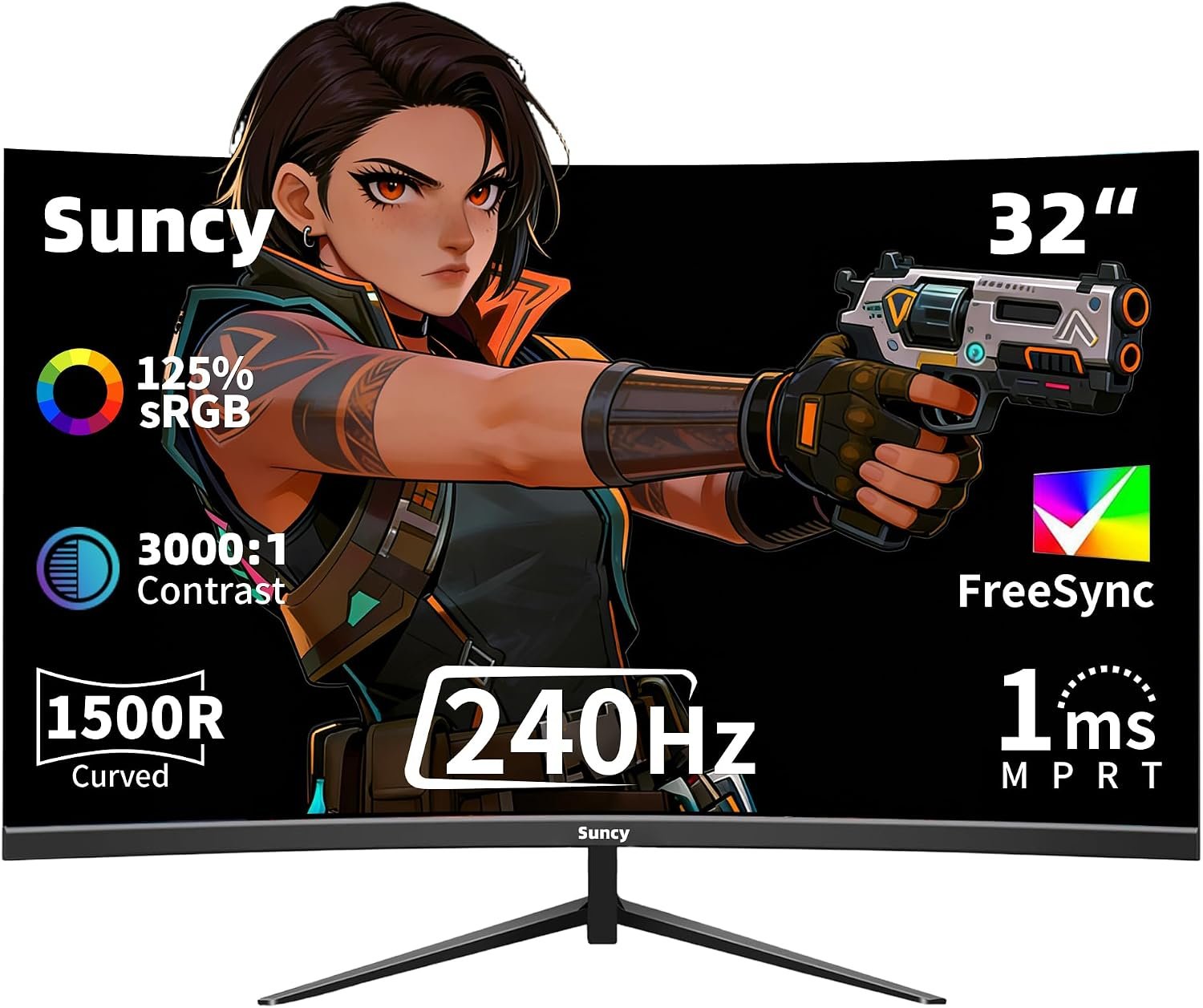 Suncy 32 Inch 240Hz Curved Gaming Monitor, FHD 1080p, VA Panel 1ms, Monitor FreeSync, 125% sRGB, VESA Compatible, DisplayPort HDMI, 1500R